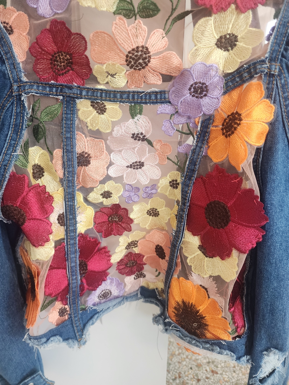 Floral Embroidered Sheer-Back Denim Jacket - Multicolor - Picture 5 of 9